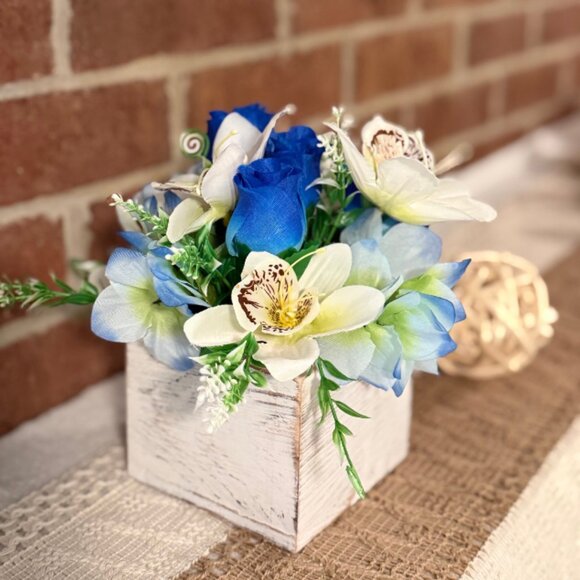 Faux Floral Arrangement in Rustic Wooden Box – Home or Office Decor - Picture 8 of 8